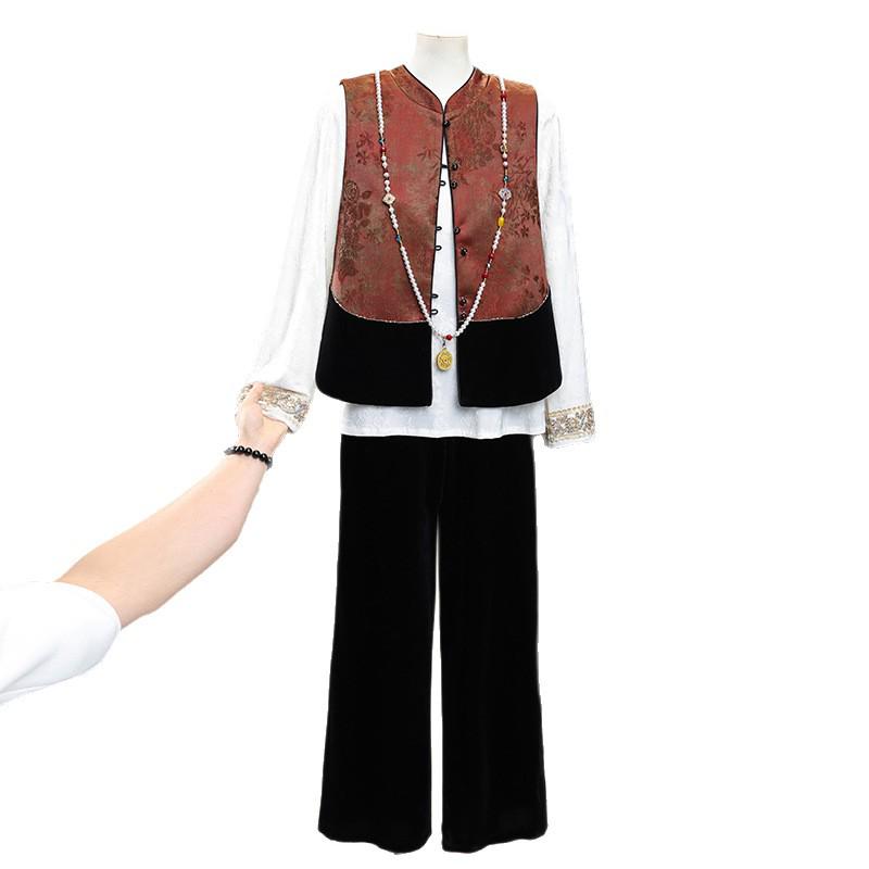 Elegant Spring/Autumn Three-Piece Set: Stylish Chinese-Style Vest & Top for Middle-Aged Women