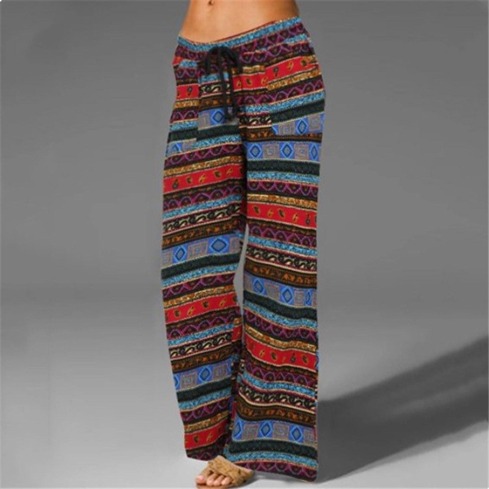 Women s Casual Print Cotton Linen Elastic Waist Drawstring Long Wide Leg Pants XXL синий