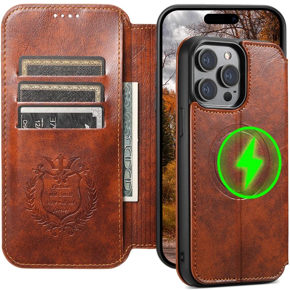 Wireless Charging Leather Wallet Cards Solt Case for IPhone 14 Pro Max 14Plus 15 13 12 for Magsafe Kickstand Magnetic Bag Cover