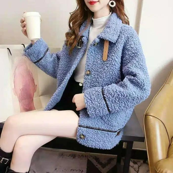 Loose Autumn and Winter All-match Thick Fur One-piece Plush Warm Top Lamb Wool Coat Women's Long-sleeved