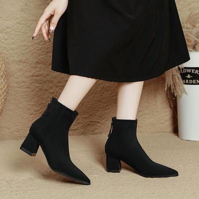 Coarse Heel Short Boots Women's Autumn and Winter New Pointed High Heel Boots Suede Thin Elastic Boots Medium Tube Fashion Boots