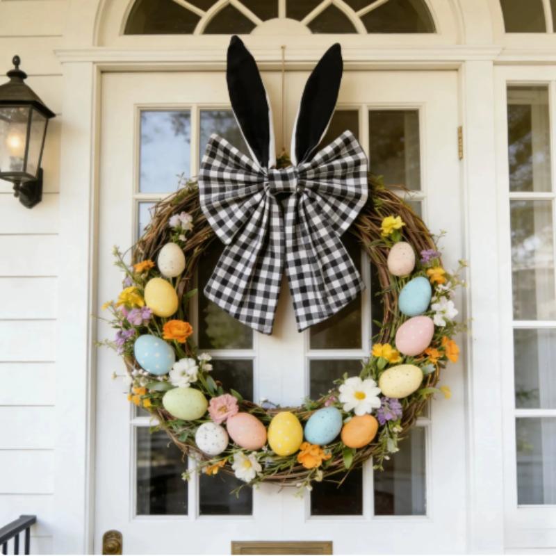 40cm Easter Bunny Ears Wreath Bow Rustic Buffalo Plaid Easter Bows for Wreaths Spring Holiday Fabric Decorative Bow for Tree Topper