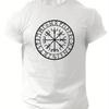 Men Casual Compass Rune Graphic Tee Black Polyester Short-Sleeve T-Shirt with Norse Symbol Print Ideal for