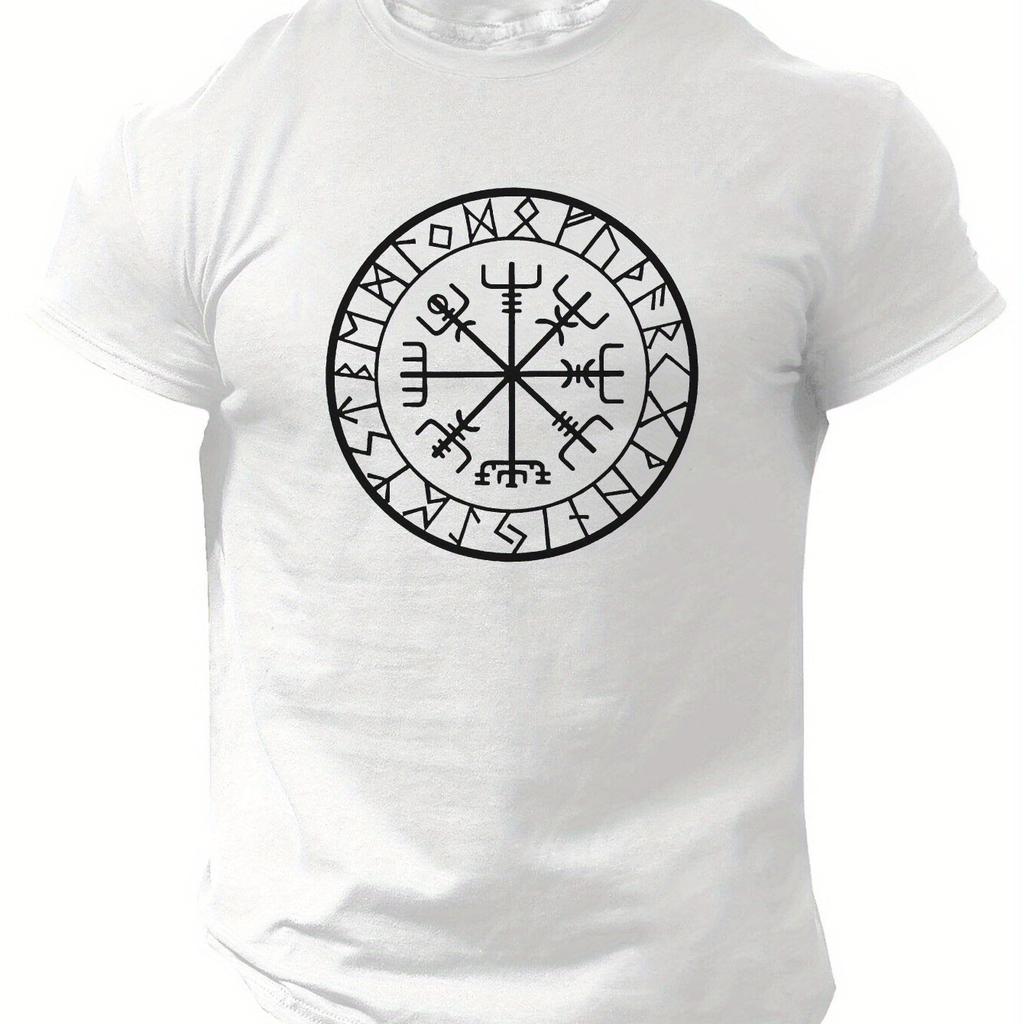 Men Casual Compass Rune Graphic Tee Black Polyester Short-Sleeve T-Shirt with Norse Symbol Print Ideal for