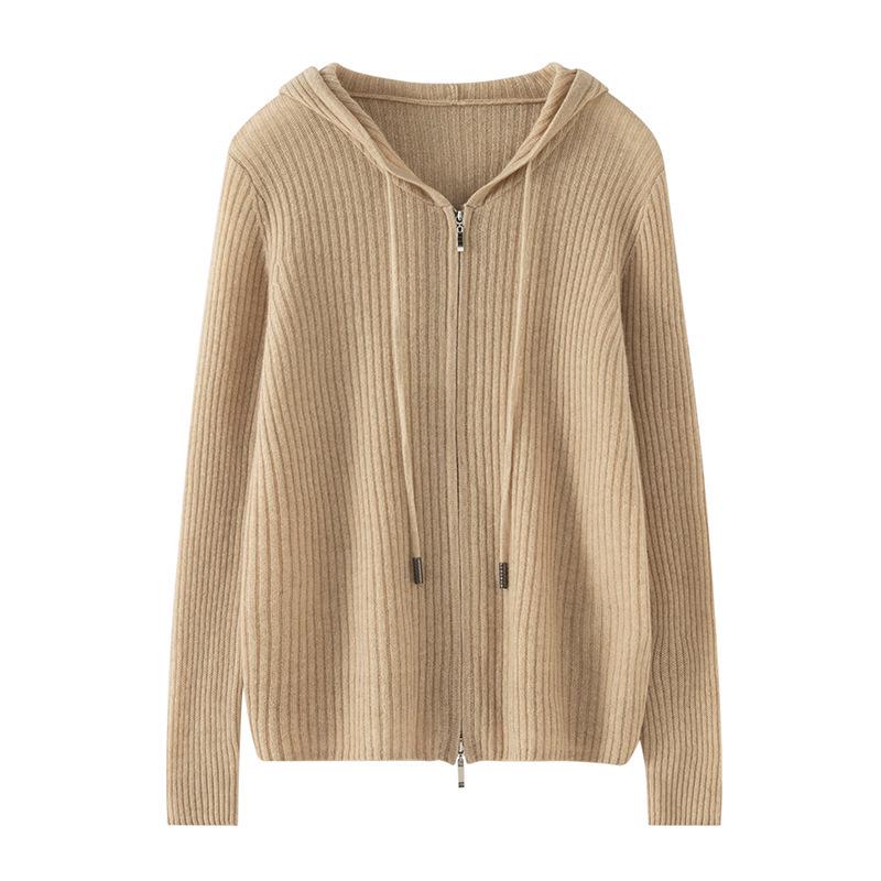 Women's 100% Pure Cashmere Striped Zipper Hooded Cardigan Sweater