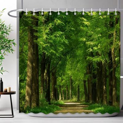 Outdoor Scenic Forest Duschvorhang mit Haken Grüne Pflanze Baum Wasserfall Landschaft Wasserdichte Duschvorhänge Badezimmer Dekoration