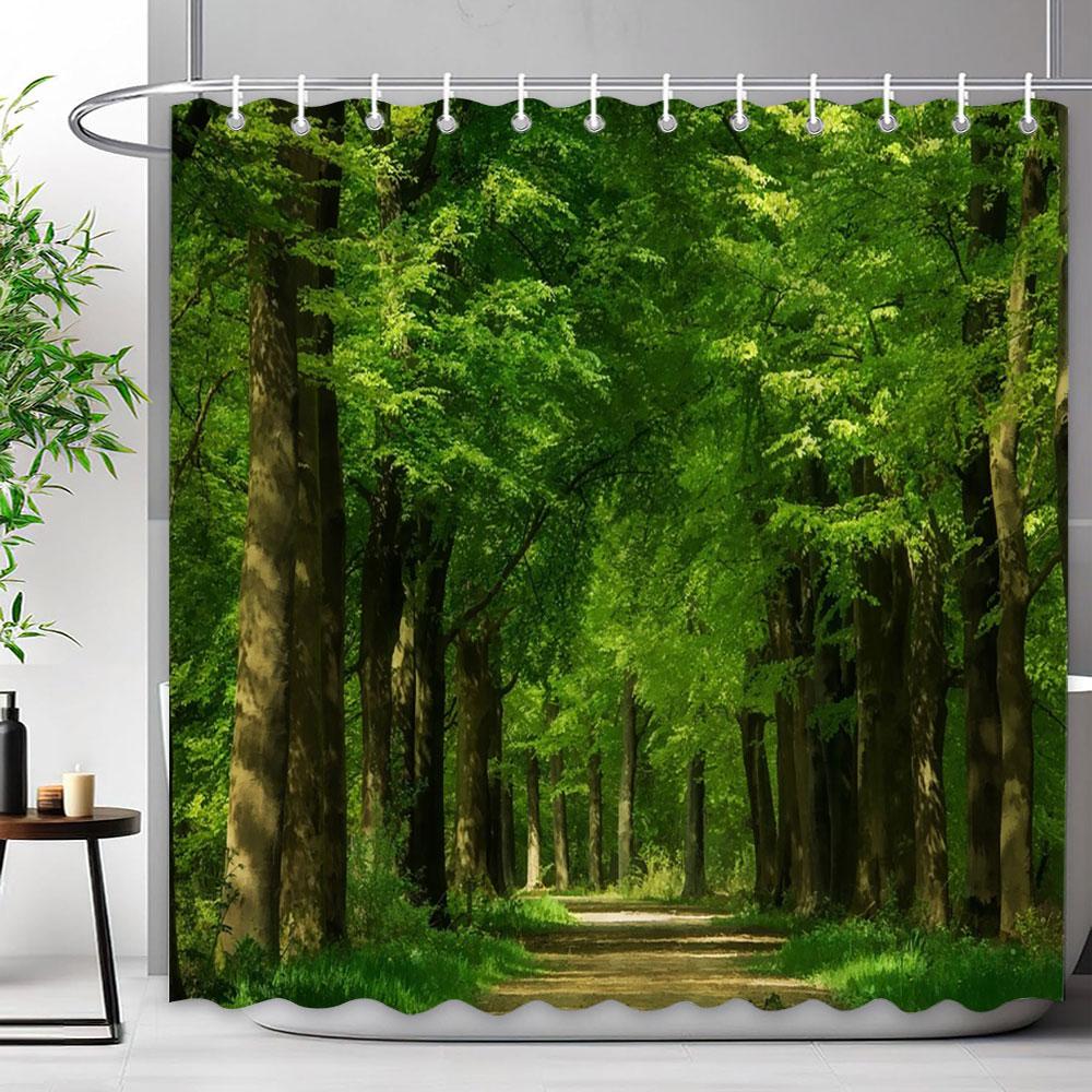Outdoor Scenic Forest Shower Curtain With Hooks Green Plant Tree Waterfall Landscape Waterproof Shower Curtains Bathroom Decor