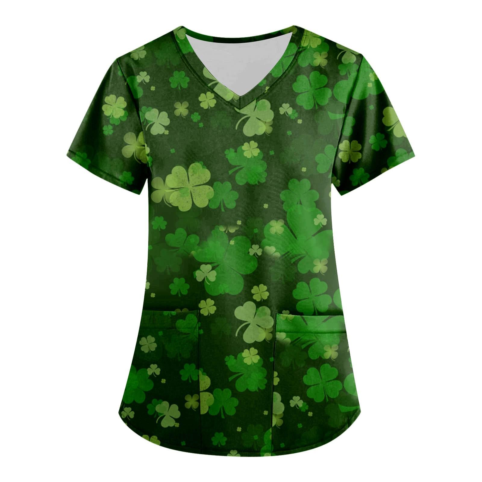 

Женская модная рабочая одежда с v-образным вырезом, короткими рукавами и карманами St. Топы с принтом ко Дню Святого Патрика M