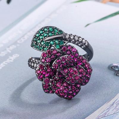 Schmuck Kupferboden Vergoldet Simulation Roter Korund Schwarzgold Blume Personalisierter Ring Damen