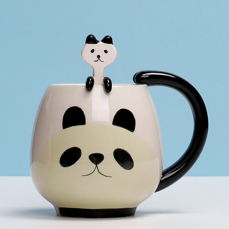Hand-Painted Ceramic Coffee Cup Set Cartoon Panda Frog Cat Fox Pig Designs Couple's Matching Mugs with Teaspoons Kids Drinking