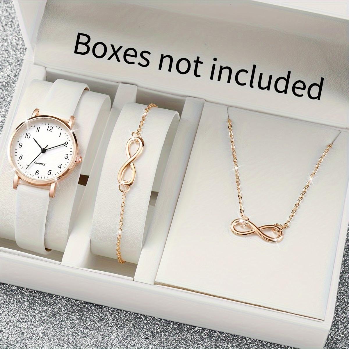 

3 шт./комплект, женские наручные часы, женские повседневные круглые кварцевые часы, аналоговые белые наручные часы из искусственной кожи и золотое ожерелье, браслет, подарок для мамы. белый