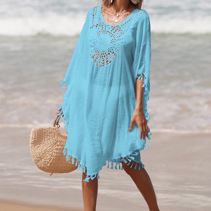 Cross-border Holiday Crochet Patchwork Tassel Beach Skirt and Sun Protection Cardigan Cover-up