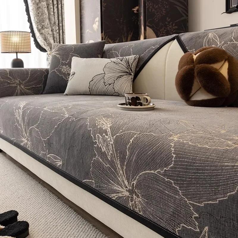 Flowers Print Chenille Sofa Cover Anti-slip Sofa Mat All Seasons Universal Chaise Lounge Couch Towel for Living Room Couch Cover