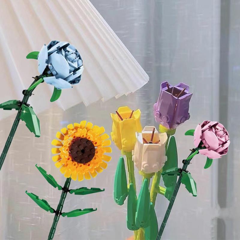 Rose Sunflower Tulip Building Blocks Toy Kids Gift Simulate Flowers Decor