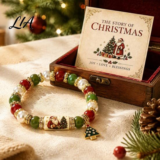 Commemorative Holiday Blessing Gift Christmas Bracelets for Women, Beaded Charm Stretch Bracelet with Elastic Pearl Wrist Jewelry Card, Stocking