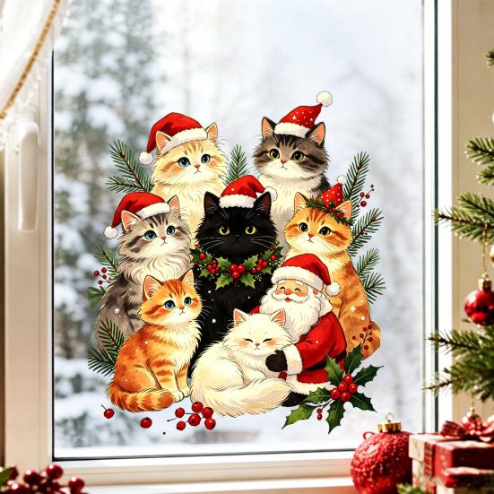 Xmas Window Decor Cat Christmas Static Cling Decal, Waterproof PVC Festive Sticker, Party Decorations Easy Apply Decorative for Home Living
