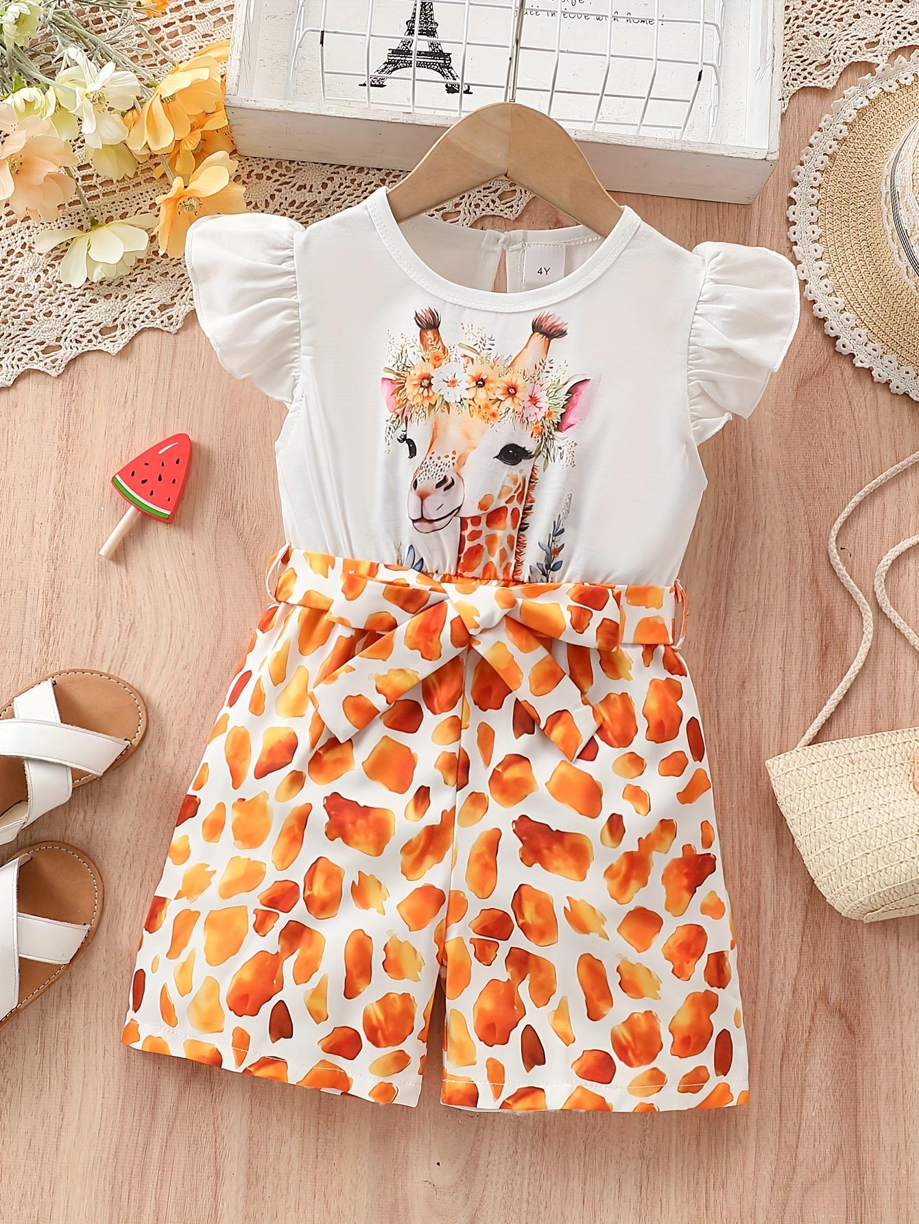 Summer girls  cartoon giraffe-style long-sleeved cardigan with earflaps and short sleeves, matching pants with a waistband and a one-piece design 2-3Y белый