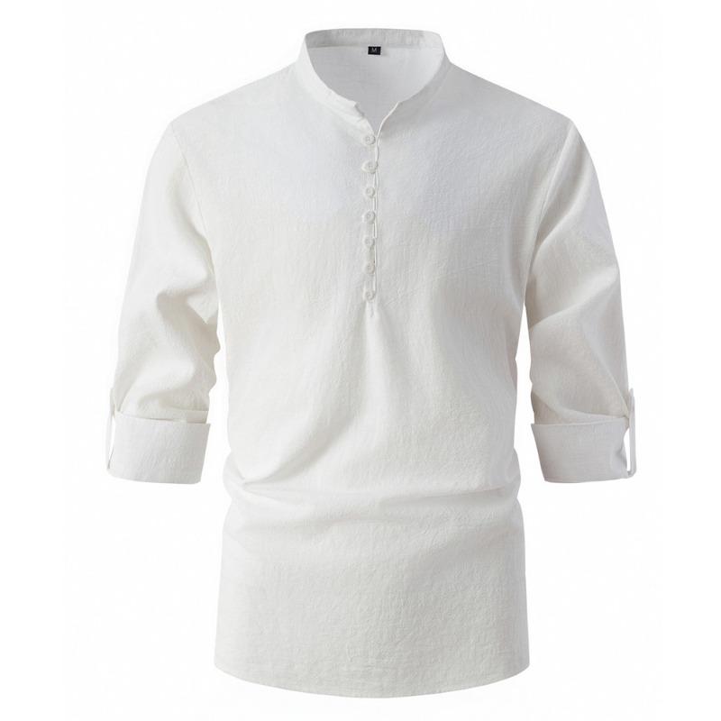 

Fashionable Retro Men s Spring Autumn Cotton Linen Stand Collar Slim Fit Casual Shirt Long Sleeved Shirt S белый