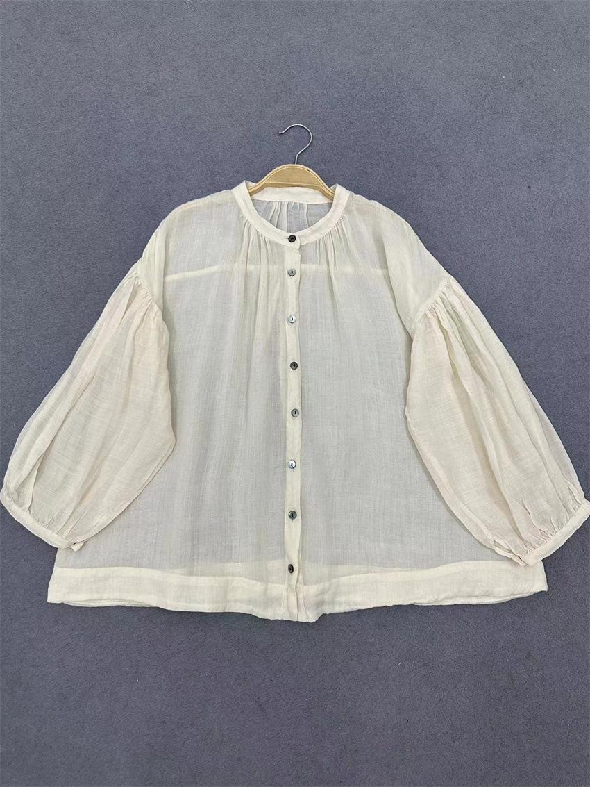 

Johnature Японские простые однотонные рубашки с круглым вырезом и длинными рукавами, свободные тонкие топы для женщин на лето и осень One Size бежевый