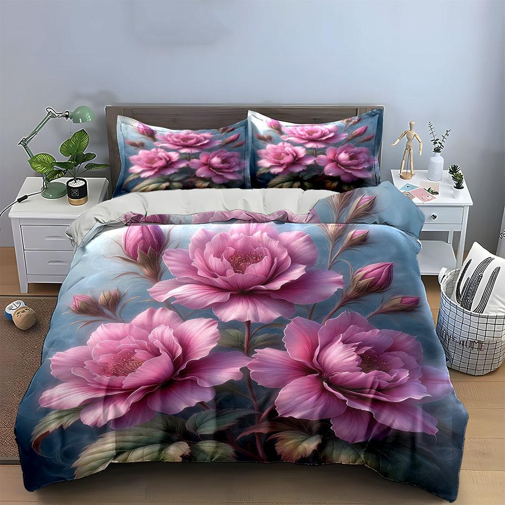 Peony Floral Art Decor Set Soft Comfortable Duvet Cover Bedding Set Included 1*Duvet Cover & 2*Pillowcases, Gift EU Twin 135X200cm&set