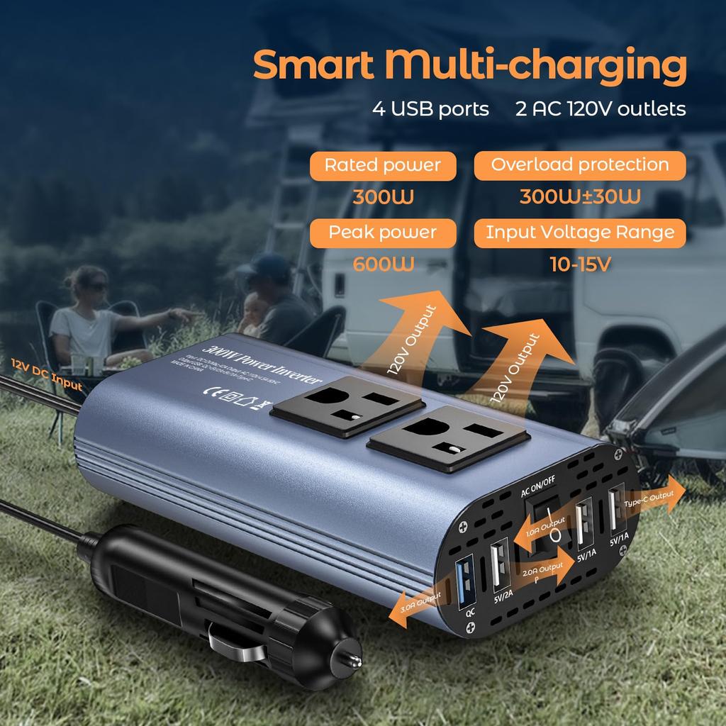 TAGEEBLU 300 W Inverter, Cigarette Lighter Socket, Converts DC 12 V To AC 100