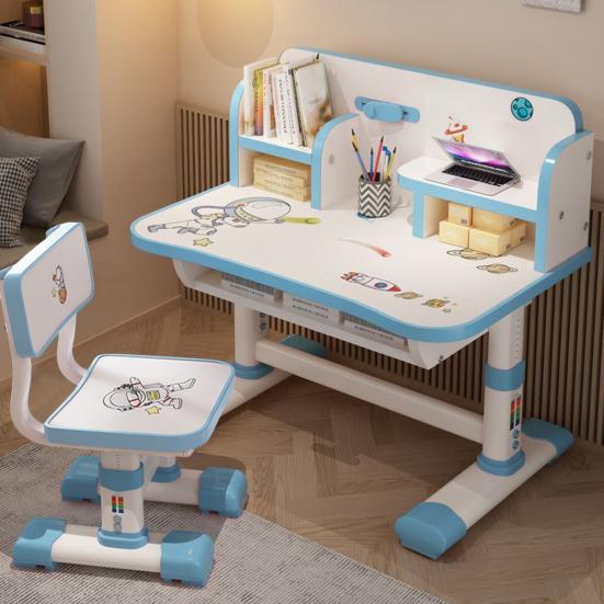 Kids Functional Desk and Chair Set Height Adjustable Children School Study Table Chair Set with Cartoon Pattern Ergonomic Desk Chair (Pink, Blue)