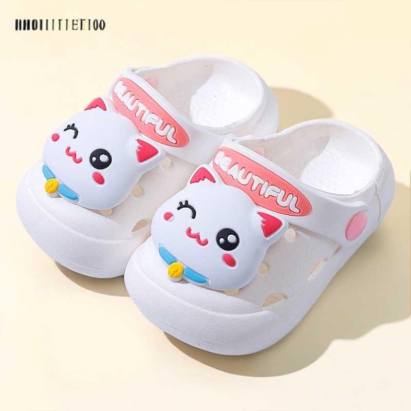 Non-slip soft-soled cute cartoon kitten children's slippers, summer closed-toe baby clogs, girls' outdoor sandals