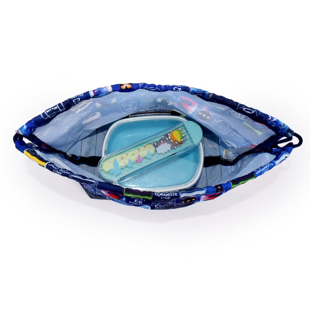 COLORFUL CANDY STYLE Drawstring Lunch Bag, Medium, Gusseted (with Name Tag), Water-Repellent, No-Iron, Train Face Collection, Lightweight,