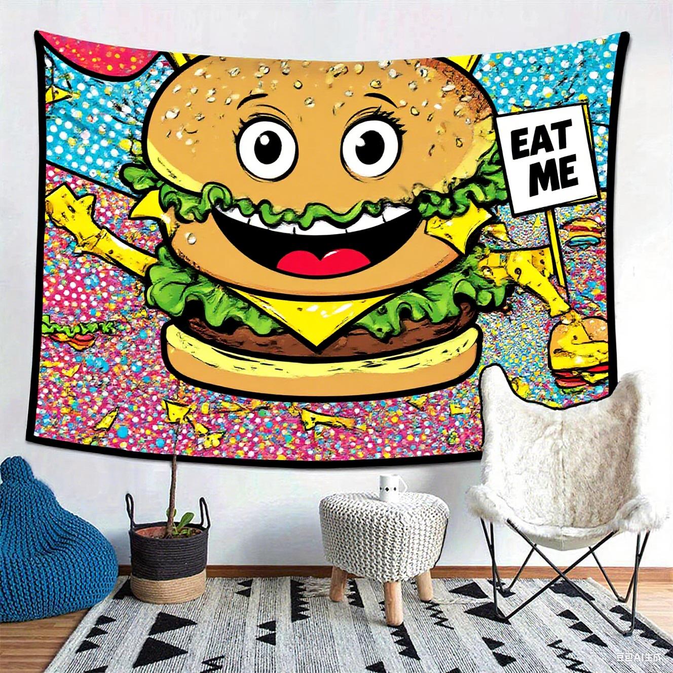 

Vibrant Food Art Illustrated Excited Hamburger Figure Tapestry - Wall Decor 29x37in