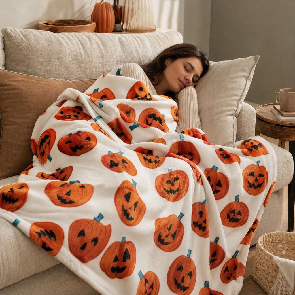Halloween Pumpkin Flannel Throw Blanket Creative Print Soft Cozy Blanket for Couch Bed Sofa Decor