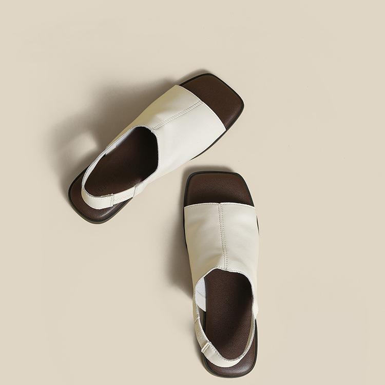 

Suding Home~ Мягкая кожа, плоская подошва, сандалии для женской уличной обуви, новинка 2025, простые французские ретро сандалии с открытым носком 40