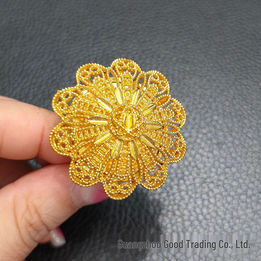 Dubai 24k Gold Filigree Flower Ring - Women's Wedding Jewelry for Global Elegance