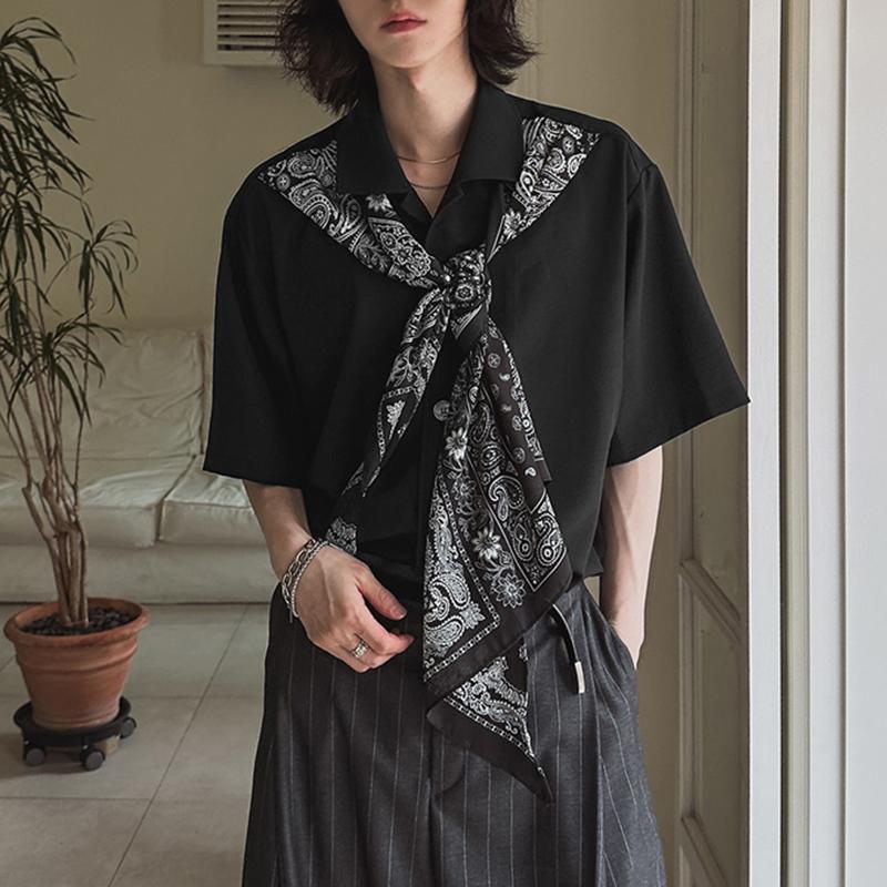 INCERUN Oversized Men Casual Lapel Scarf Neck Short Sleeve Shirts