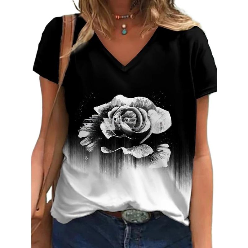 IHUASU Women's Pullover Round Neck Abstract Retro Print Street Short Sleeve Multicolour Loose Fit V-Neck T-Shirt