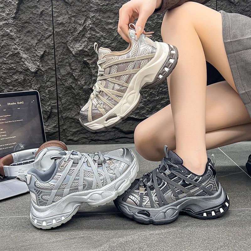 Yueyu Strap Platform Dad Shoes Women's 2025 Autumn New Leather Muffin Women's Net Shoes Lace-up Casual Sports Shoes