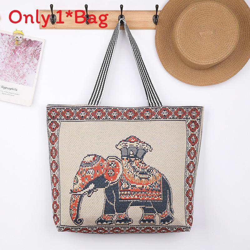 Elephant Hello Kitty Butterfly Embroidered Canvas Tote Bag With Seamed Stitching For Daily Use