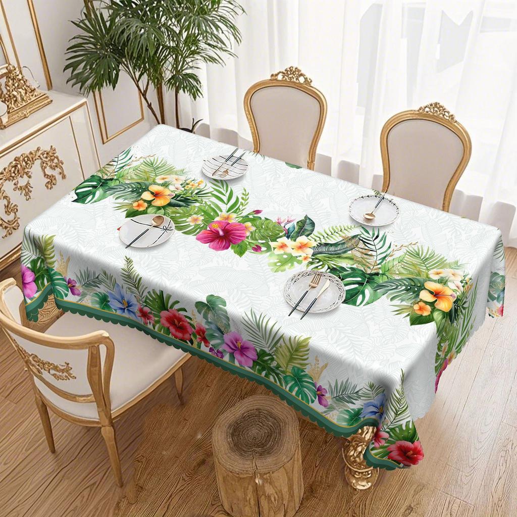 Round Polyester Dining Table Cloth, Tropical Plants, Green Leaves + Colorful Flowers, Long Household Dining Table Cloth