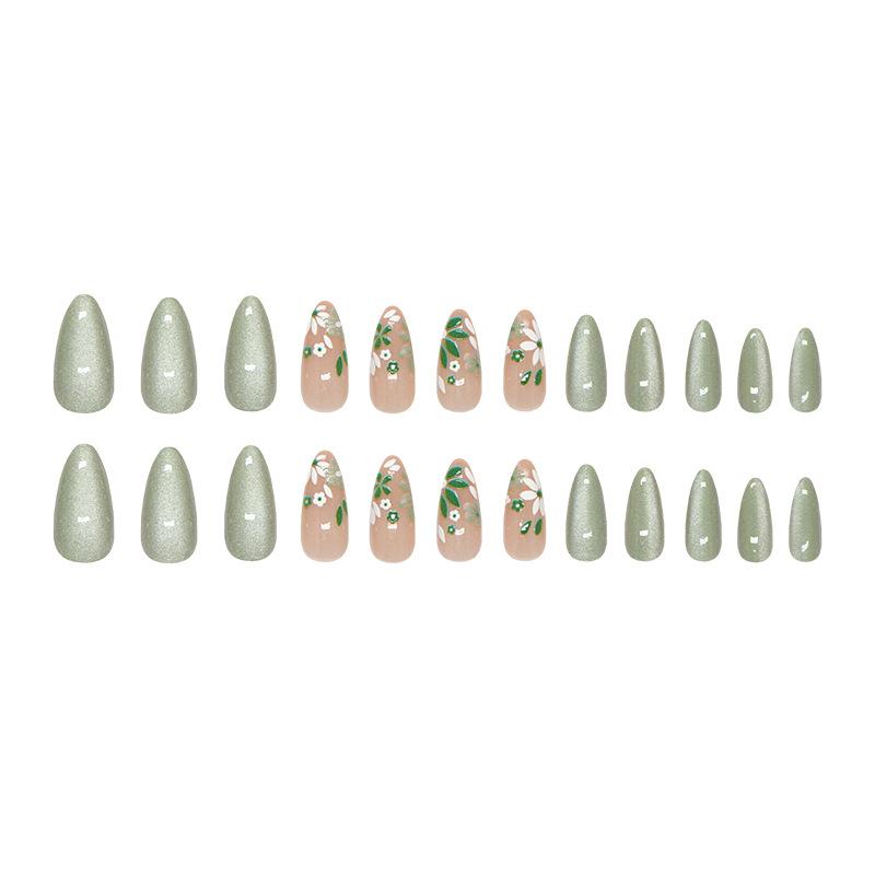 Jasmine Milk Green Cat's Eye Fresh Flower Removable Wearable Armor 24 Pieces Press On Nails
