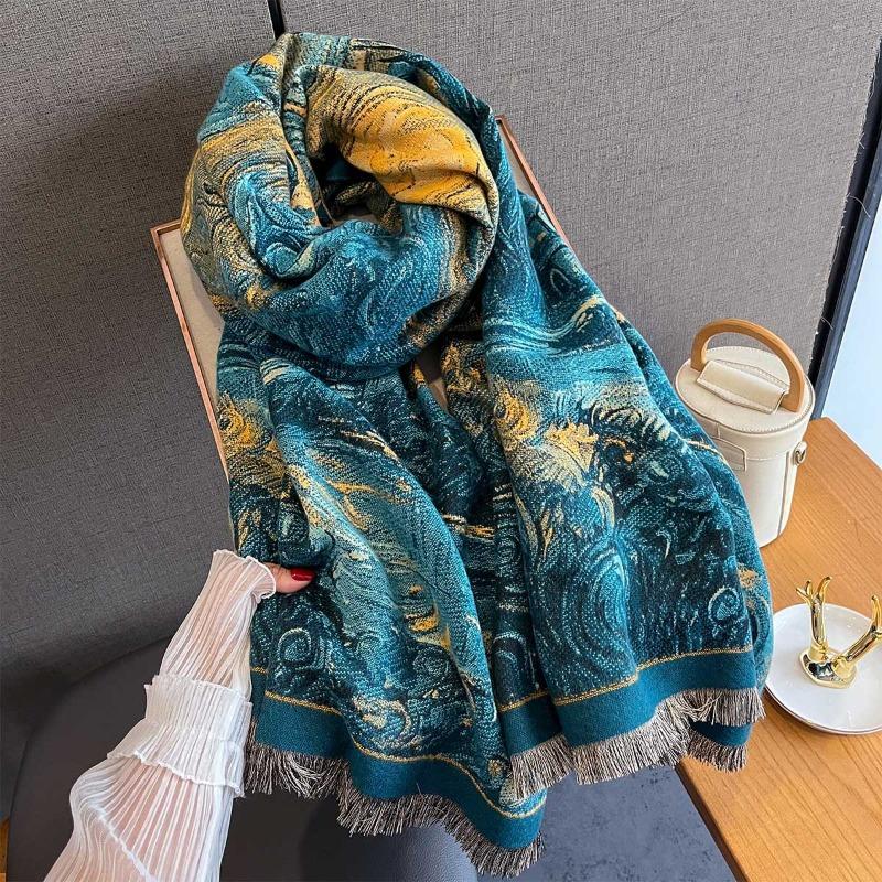 New imitation cashmere personalized oil painting style age-reducing printed scarf autumn and winter fashionable warm scarf shawl