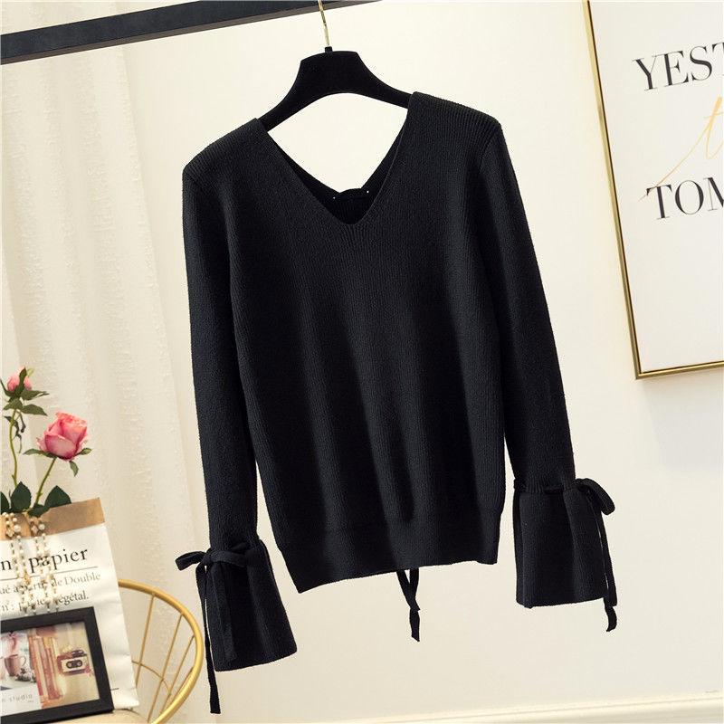 

Весенне-осенний женский пуловер с длинными рукавами, свитер с v-образным вырезом и коротким подшерстком с рукавами-фонариками, однотонный трикотаж, повседневный универсальный свитер One Size чёрный