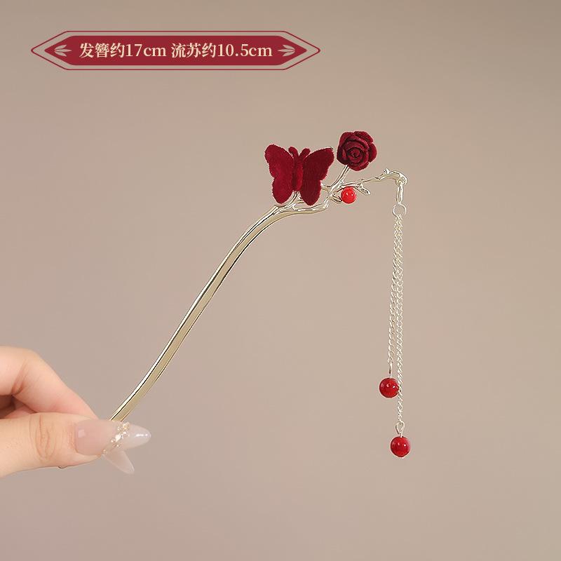 Vintage Chinese Style Rose Hairpin For Women Red Flower Element Tassel Hair Stick Elegant Exquisite Handmade Hair Accessories