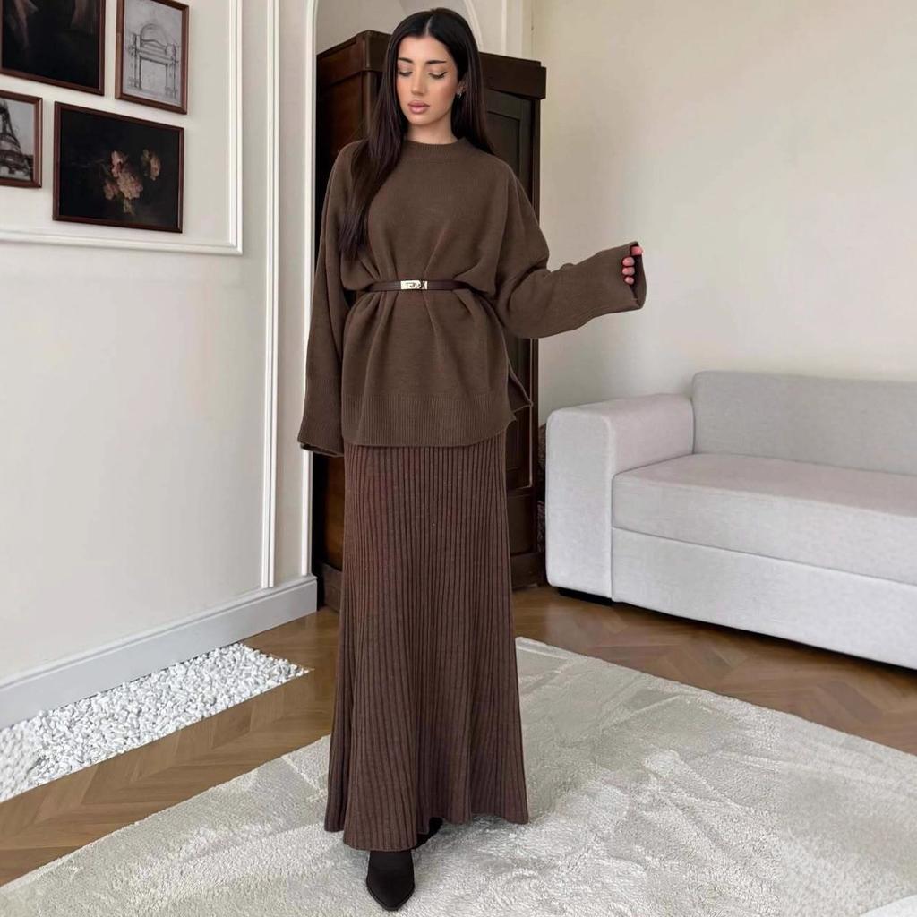  cross-border European and American autumn new round neck loose top belt waist pit strip hip skirt women's clothing