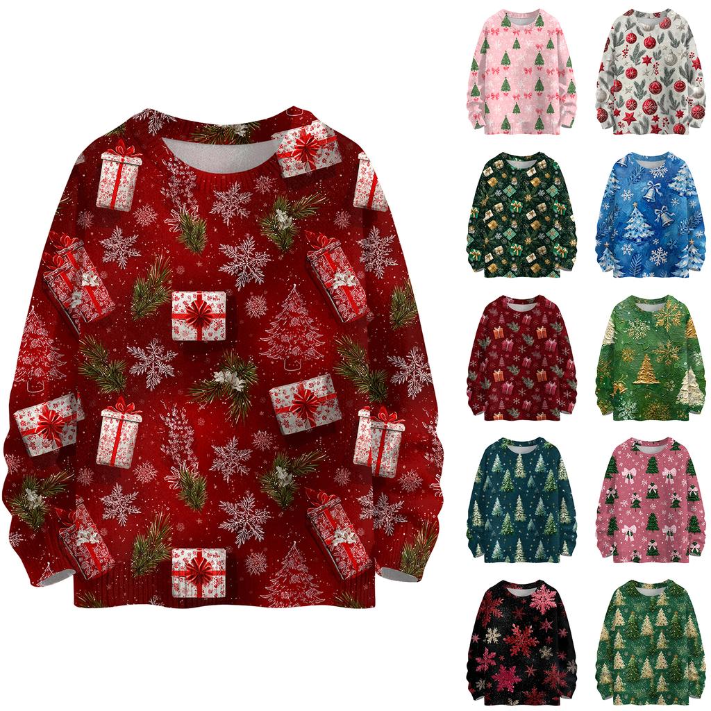 Ladies' Fashionable And Casual Christmas Cute Printed Round Neck Long Sleeved Knitted Yarn