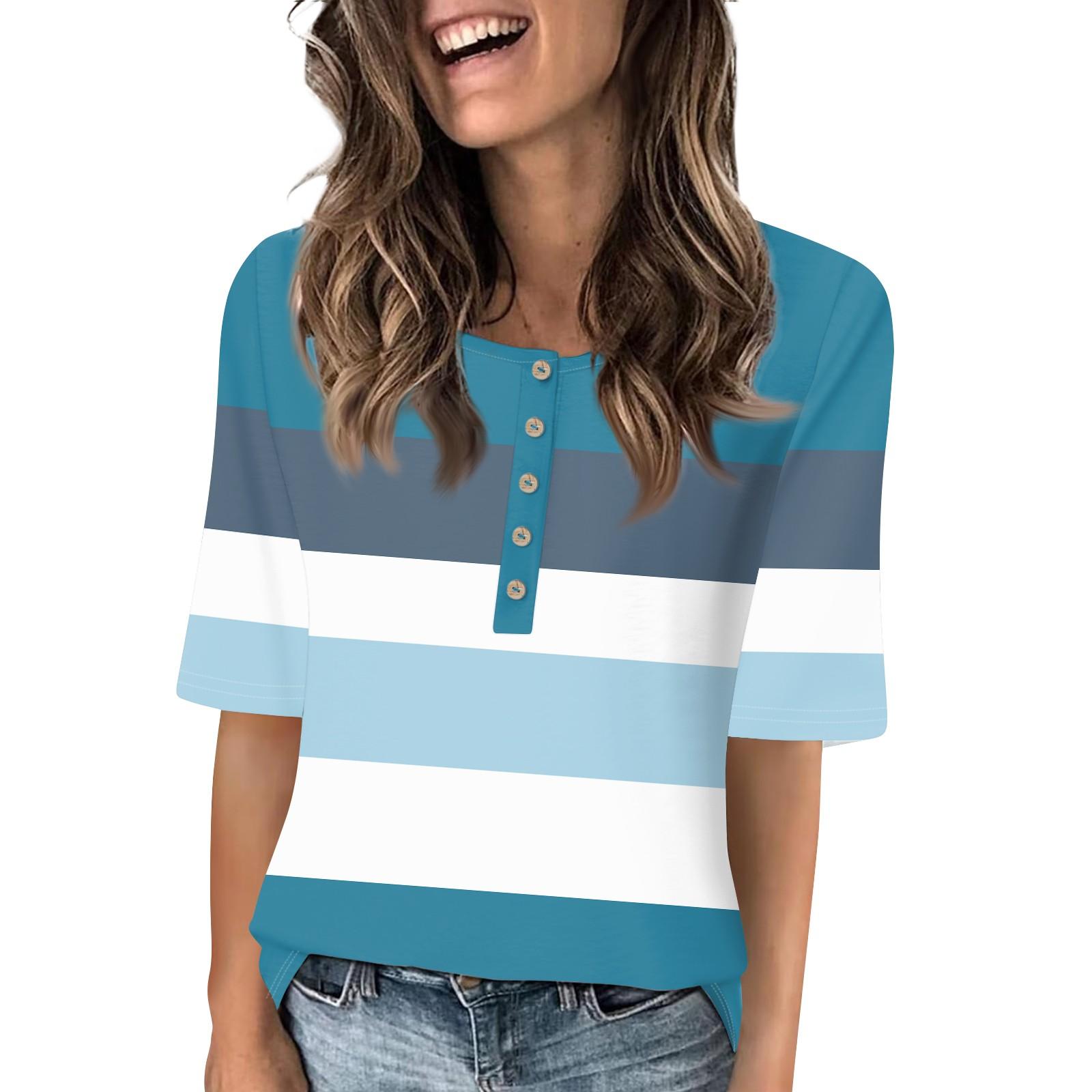 

Рубашки для женщин, модные футболки с круглым вырезом и пуговицами, повседневные летние футболки с принтом, футболка, блузка, топы с короткими рукавами для женщин XXL синий