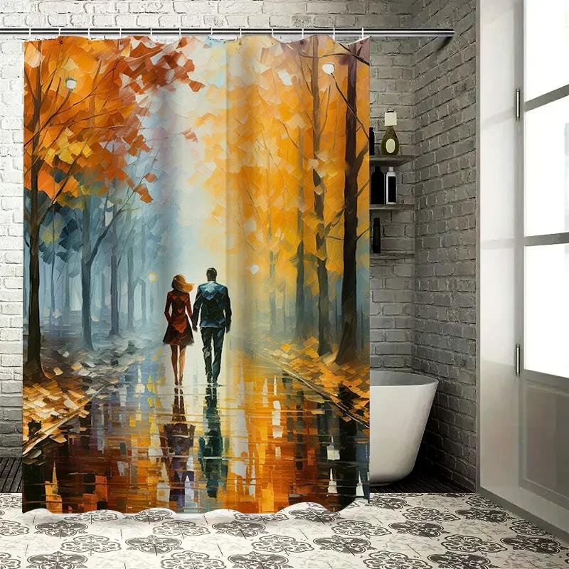 Romantisches Paar Hand in Hand im Herbst gehend, Wasserdichter Duschvorhang, Künstlerisches Design, Verleiht Ihrem Badezimmer-Deko Wärme