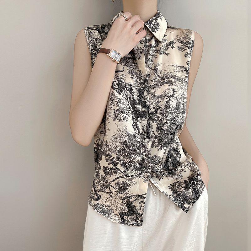 Ersatile New Classic Popularity Printed Silk Shirt for Women's Summer New Long Sleeved Sleeveless Elegant Temperament Top
