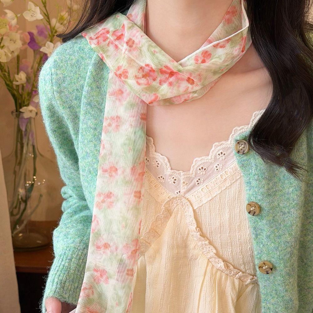 Bow Ties Plaid Pattern Long Silk Scarf Cravat Printed Flower Scarf Wrap Hair Band Long Ribbon Scarves Neckerchief Decoration