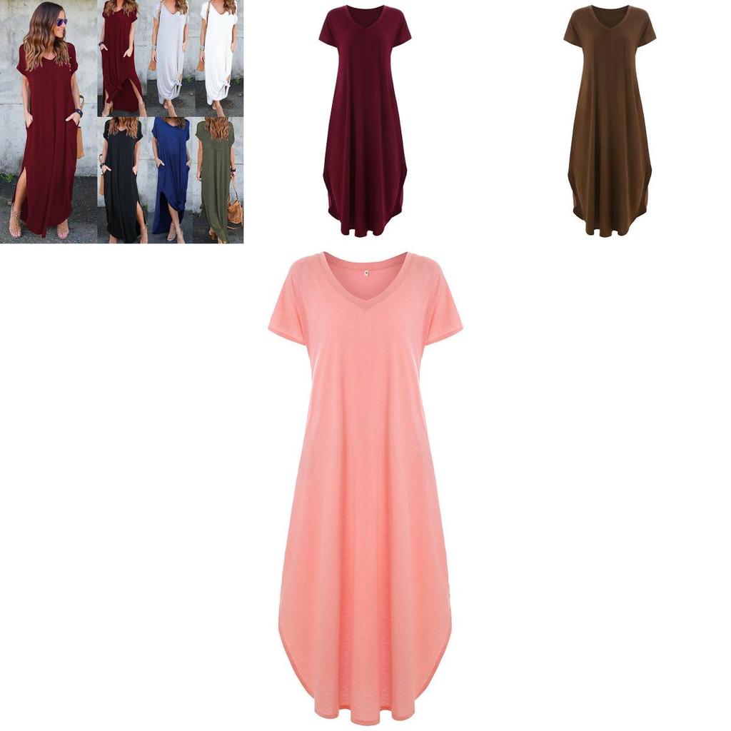 Polyester Vneck Pocket Split Long Dress For Casual Summer Wear
