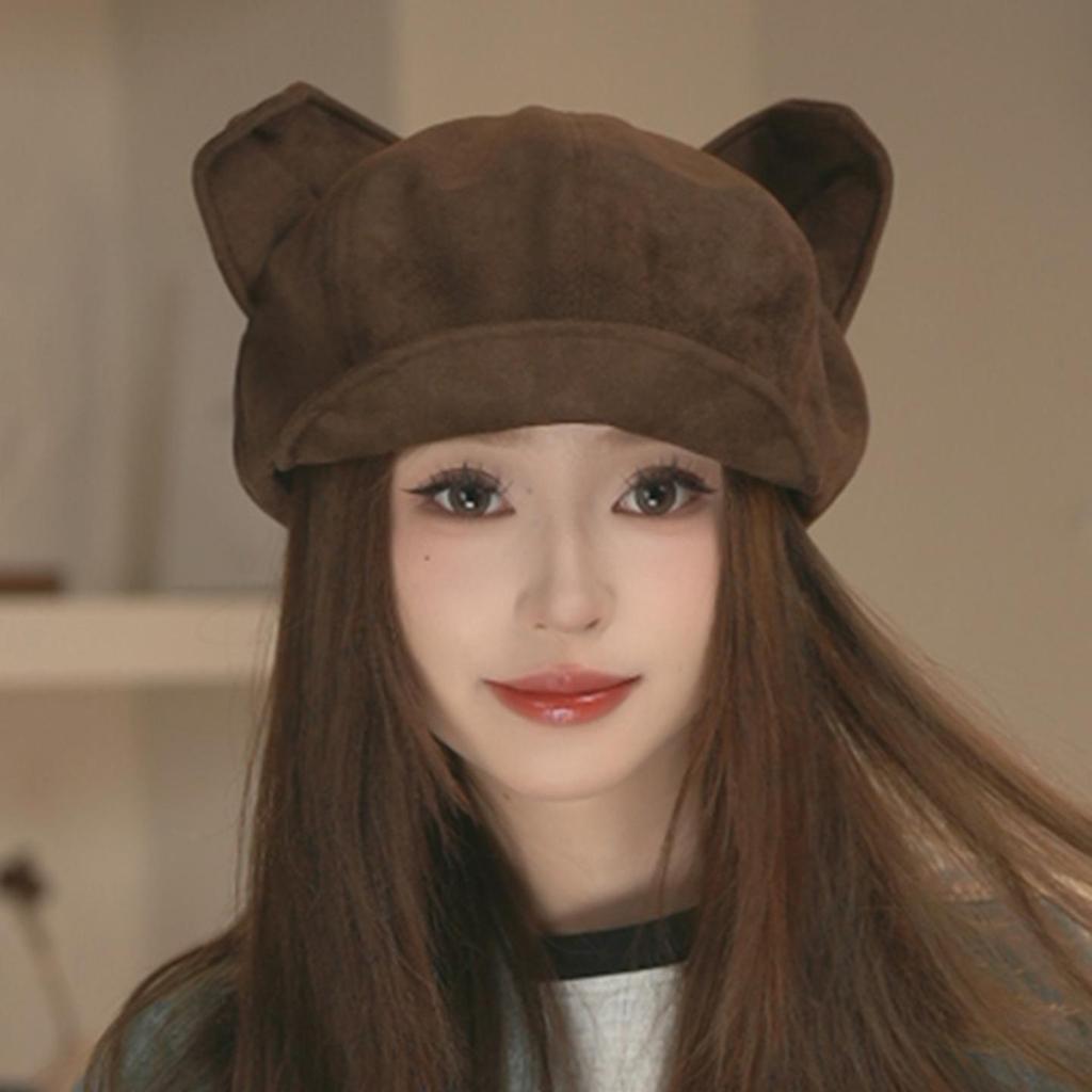 Autumn/Winter Japanese Cute Bear Ears Suede Octagonal Painter Hat - Women's Simple, Versatile & Face-Flattering Design