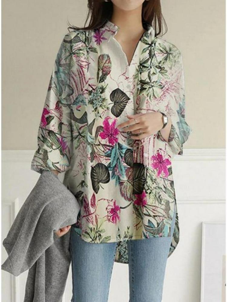 Comfortable Casual Loose Fit Blouse  Long Sleeve Printed Cotton Linen Top